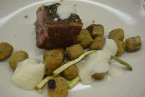 Shortrib Pastrami, Sauerkraut Foam, Deli Rye Gnocchi, Roasted Ramp, Rye Crumbs