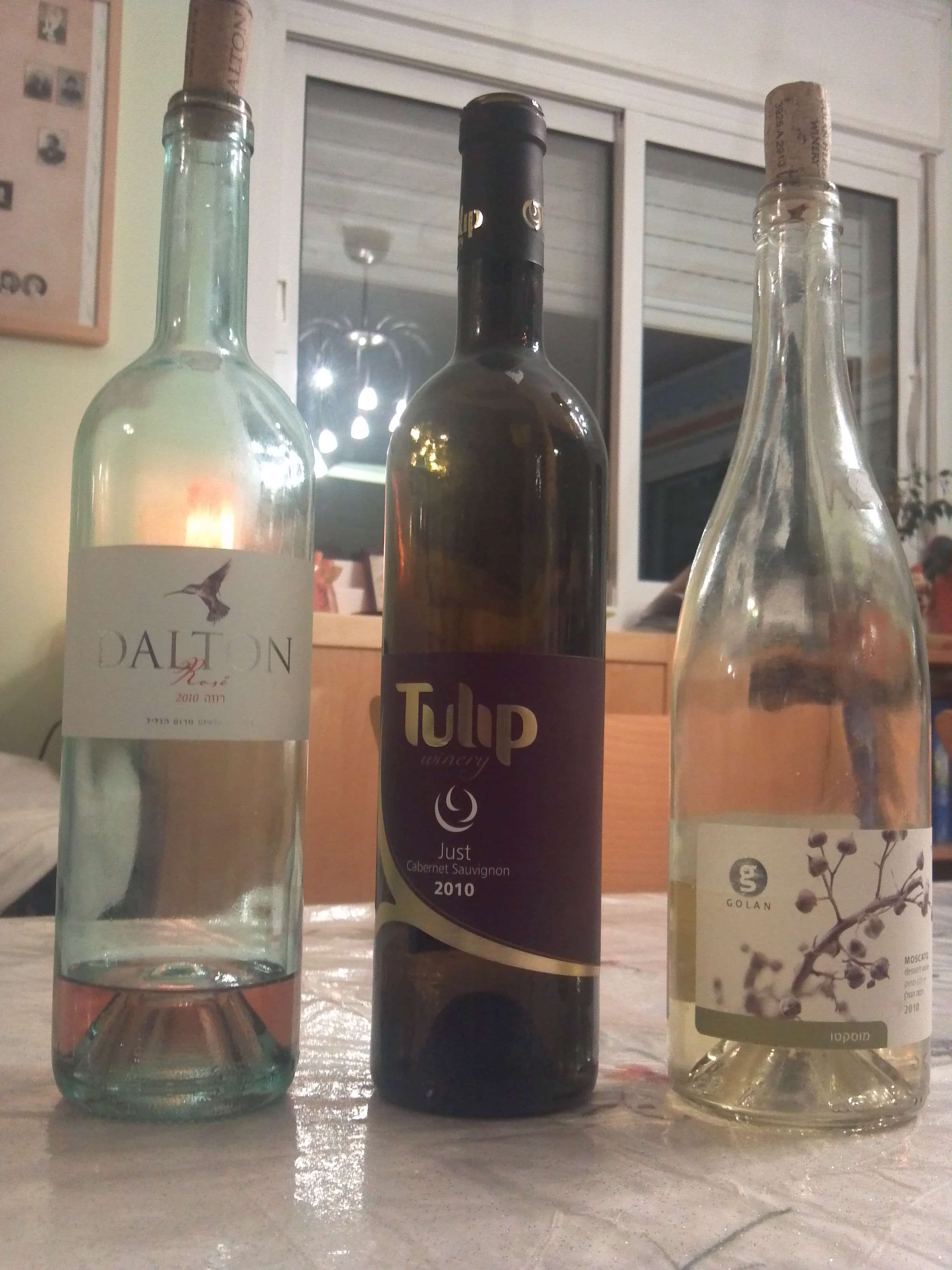 2010 Tulip Just Cabernet Sauvignon, 2010 Dalton Rose, and 2010 Golan Moscato