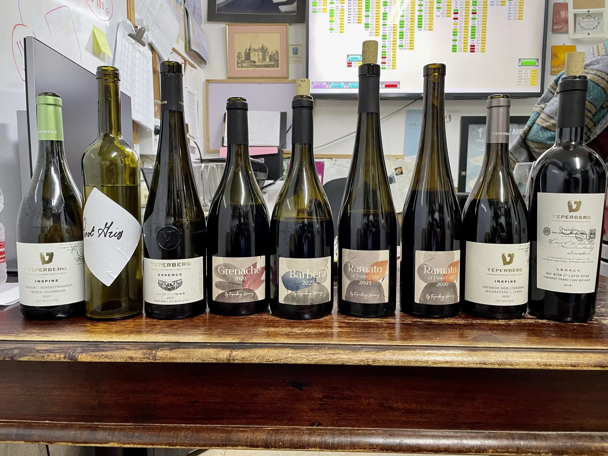 2021 Teperberg, Inspire, White; 2021 Teperberg, Essence, Pinot Gris; 2020 Grenache, by Teperberg Winery; 2021 Barbera, by Teperberg Winery; 2021 Ramato, by Teperberg Winery; 2020 Ramato, by Teperberg Winery; 2020 Teperberg, Inspire, Red; 2018 Teperberg, Legacy, Cabernet Franc;