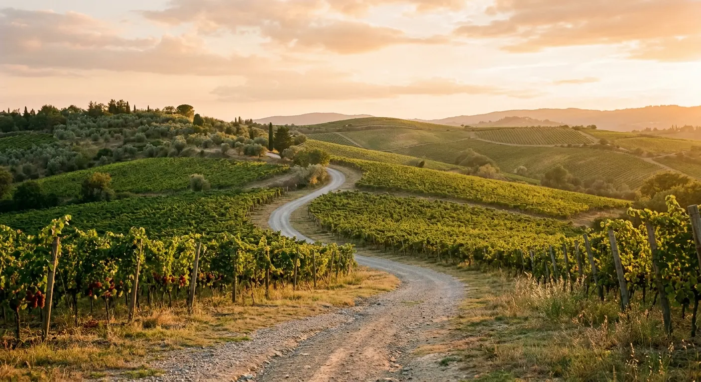 Winding road through vineyards at dusk.